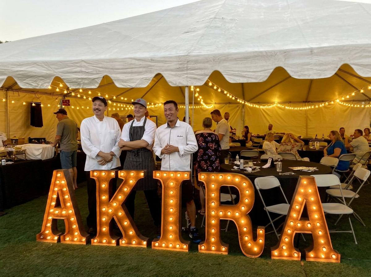 Roman with Chef Akira Back at a live event