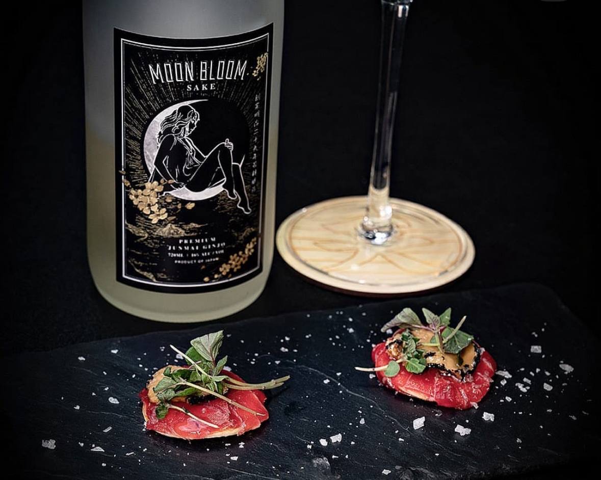 Moon Bloom sake with sashimi
