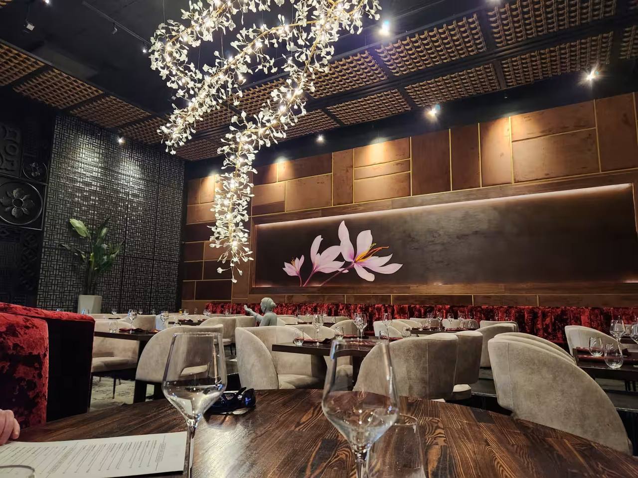 Saffron Lounge chandelier and mural